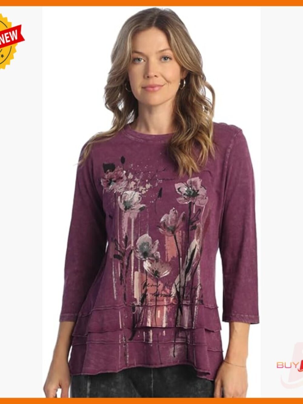 Layered Cotton Tunic Top with 3/4 Sleeves, A-Line Fit